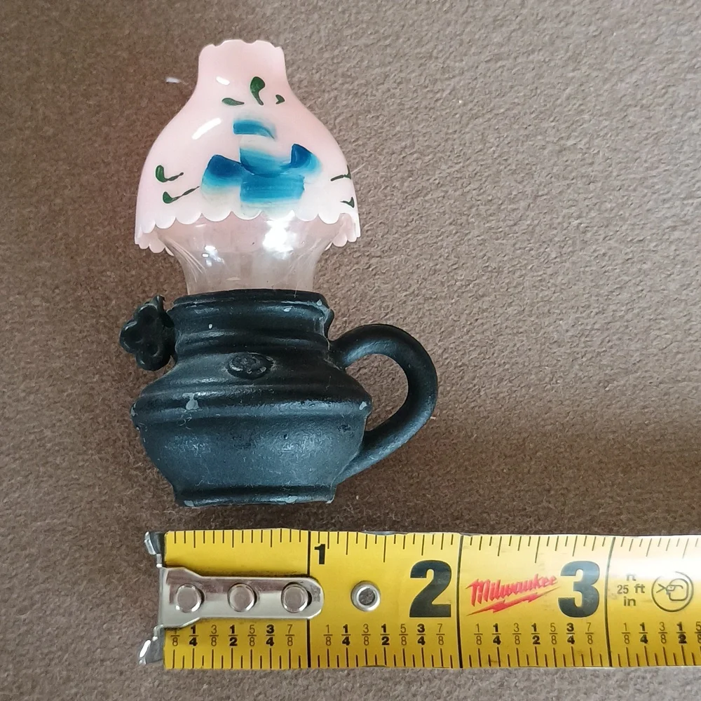 Vintage Metal Cast Iron Oil Lamp Salt and Pepper Shakers Pink Blue Flower